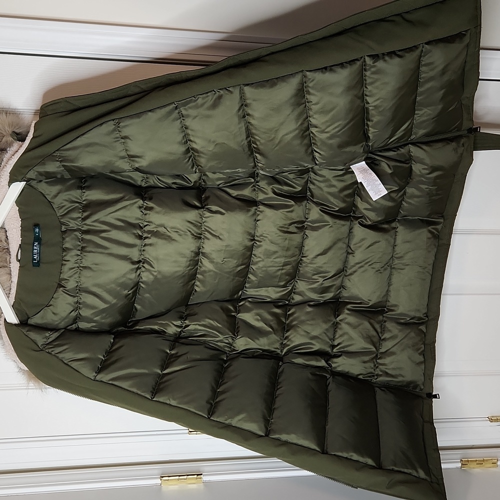 Lauren Ralph Lauren down puffer jacket army green midlength Small - Picture 10 of 12